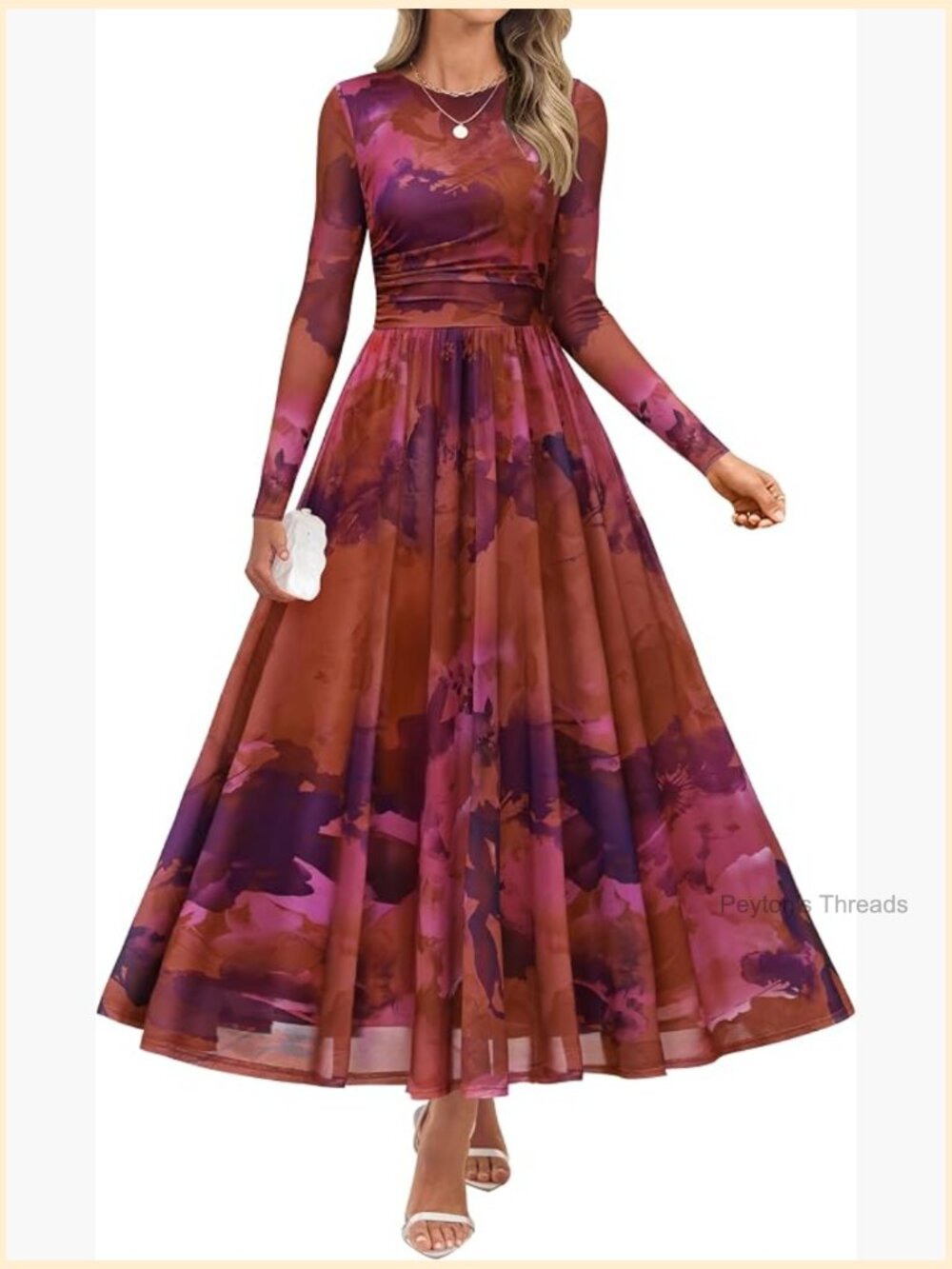 Long Sleeve Floral Print Mesh Ruched Maxi Dress Party Guest - Picture 1 of 7
